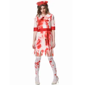 Detailed view of the Halloween bloody nurse costume, showing the dress, hat, and printed socks.