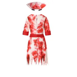 Detail view of the bloody nurse costume back and cap, ideal for Halloween parties and cosplay.