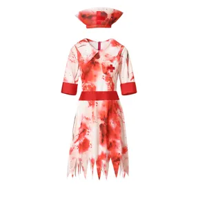 Halloween bloody nurse costume cosplay zombie nurse dress with matching hat for women