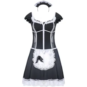 Sexy black and white maid costume cosplay outfit featuring lace trim, headband and matching apron.