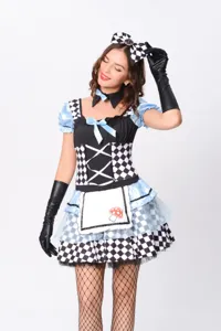 Dettagli del costume da cameriera cosplay con motivo a quadretti e guanti per donne.