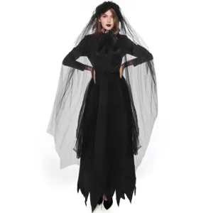 Details of the gothic black Halloween vampire bride costume with veil and long dress.