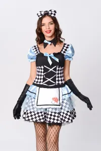 Costume da cameriera Alice per Halloween vestito cosplay da donna con motivo a quadretti