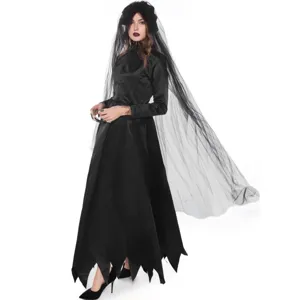Details of the black vampire bride Halloween costume with flowing veil and dress.