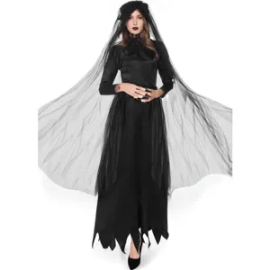 Detailed view of the black vampire bride costume with veil and long dress for Halloween.