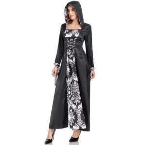 Mittelalter Vintage Kapuze Damen Kleid schwarz weiß Gothic Cosplay Kostüm Langarm