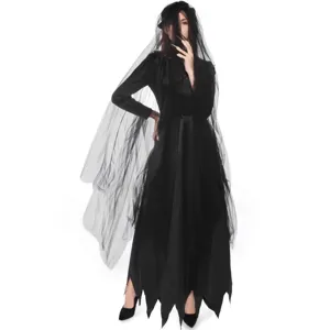 Halloween black ghost bride costume for women, gothic vampire dress with long veil.