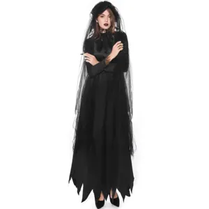 Detailed view of the black Halloween vampire bride costume dress with gothic black veil.