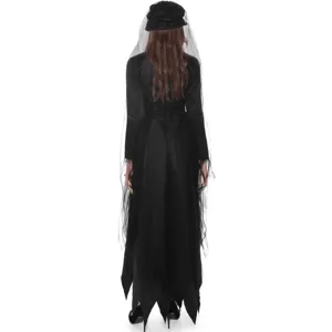Back view detail of women's black gothic Halloween vampire bride costume dress with veil.
