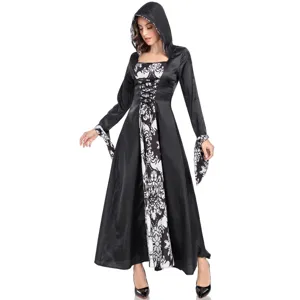 Mittelalter Gothic Kapuzenkleid Vorderseite Detail mit Schnürung und Vintage Print Design.
