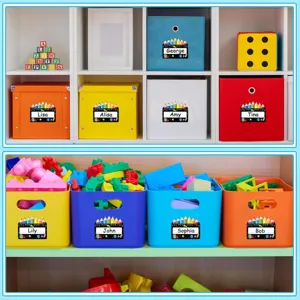 Customizable classroom name labels stickers with colorful pencil design for student supplies.