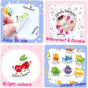 Detail view of waterproof motivational cute cartoon stickers featuring positive quotes and designs.