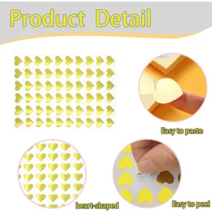 Gold heart foil stickers for envelope sealing, decorative journal DIY self-adhesive labels.
