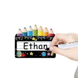 Custom classroom student desk name tag sticker with colorful pencil classroom theme design.
