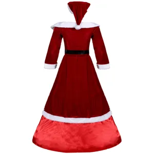 Sexy vrouwen kerstkostuum rode fluwelen jurk met witte pluche afwerking hoed riem