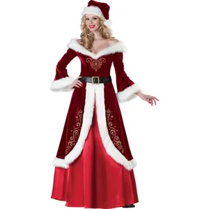 Sexy Kerstkostuum Rode Fluwelen Jurk Voor Dames Kerstman Pak Voor Heren Feest Outfit Set Met Hoed Riem Accessoire