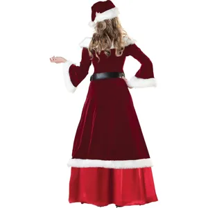Vrouwen rode fluwelen kerst kostuum lange jurk met witte nepbont afwerking feestelijke outfit