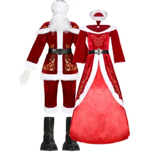 Sexy kerstkostuum paar set, rode fluwelen kerstman en koningin outfits voor feestdagen.