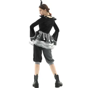 Costume cosplay da clown malvagio di Halloween da donna, vestito da circo in bianco e nero.