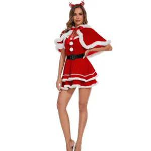 Christmas costume detail showing red velvet dress with white plush trim and belt.