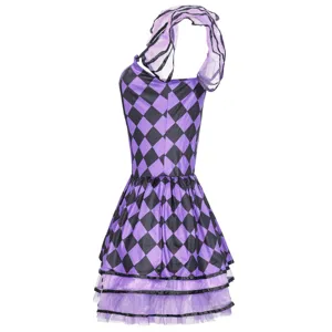Costume da Clown Arlecchino Donna Halloween Cosplay Viola Nero Vestito Spettacolo Scenico