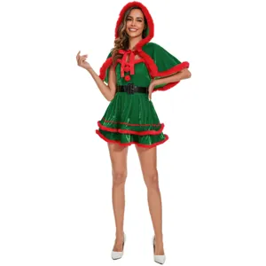 Detailed view of the holiday Christmas elf costume with green hooded cape and red trim.