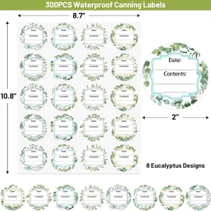 Étiquettes de mise en conserve étanches 300 pcs autocollants ronds design eucalyptus.