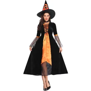 Mujer disfraz de bruja de Halloween vestido negro naranja cosplay fiesta rol sexy ropa