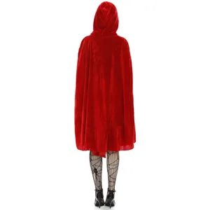 Back view detail of the red velvet hooded cloak, soft texture fabric for costume wear.