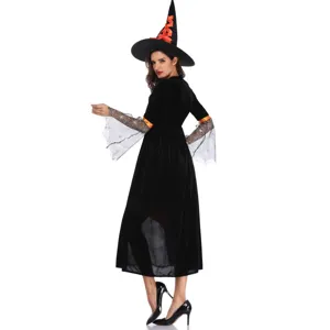 Disfraz de bruja de Halloween profesional vestido largo de terciopelo negro con sombrero