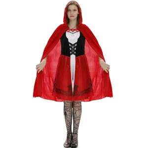 Detailed view of the adult women's Halloween Little Red Riding Hood costume with cape.