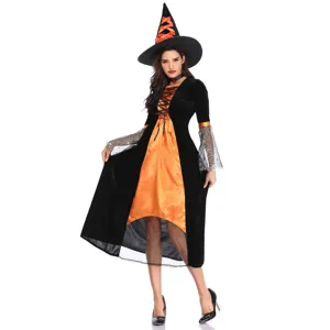 Disfraz de bruja de Halloween para mujer, vestido cosplay negro y naranja con sombrero puntiagudo.