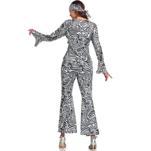 Retro 70s disco costume detail showing black white swirl print flared sleeves back view.