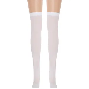 White over-the-knee sheer stockings detail view, smooth texture and comfortable stretch fit.