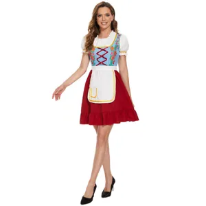 Detailansicht des Oktoberfest Dirndlkleids mit blauem Blumenmieder und weißer Schürze.