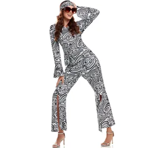 Retro 60s 70s disco outfit detail featuring black and white swirl patterned flared pants and top.