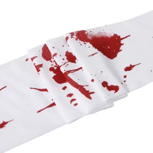 Halloween bloody knee high stockings detail shot white fabric red splatter pattern
