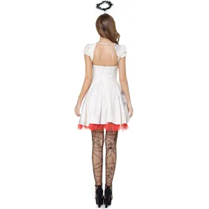 Gedetailleerd achteraanzicht van het Halloween zombie bruid kostuum met spinnenweb panty.