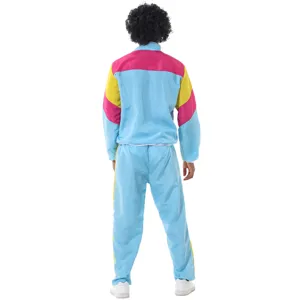 Mens 80s retro tracksuit colorful colorblock outfit for disco party and music festival.