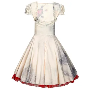 Halloween zombie bruid kostuum korte mouw vintage jurk met bloedig hart en rode tule zoom.