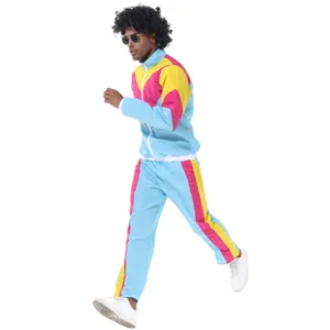 Retro 80s 90s colorful tracksuit costume detail showing vibrant color block design for parties.