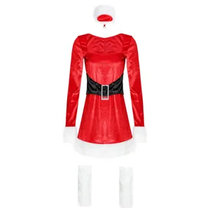 Sexy women long sleeve Christmas costume set with dress, hat, belt and fluffy leg warmers.