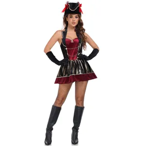 Sexy Gothic Pirate Cosplay Costume Women Halloween Jack Sparrow Style Blended Spandex Satin Patent Leather Dress Hat Accessories