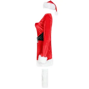 Side view detail of red velvet Christmas costume dress with white plush trim and belt.