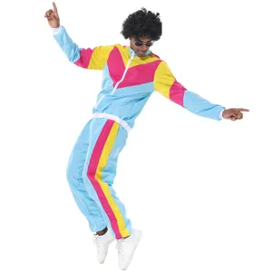 Retro 80s disco party tracksuit detail shot, vibrant color block design, perfect for festival.