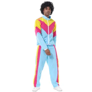 Men's 80s retro colorful tracksuit detail, vibrant neon chevron pattern jacket and pants.