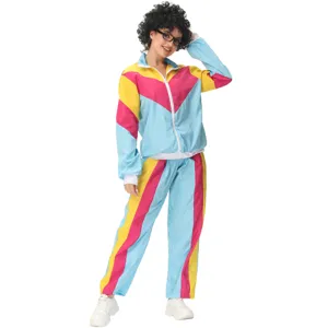 Retro 80s 90s colorful colorblock tracksuit jacket and pants set for party costume.