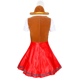 Detailed view of traditional Bavarian Oktoberfest beer maiden costume back view with hat.