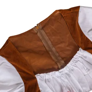 Close-up detail of traditional German beer festival dress back zipper and brown bodice.