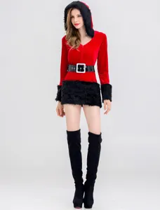 Costume de Noël sexy à capuche avec robe en velours rouge, bordure en fausse fourrure.
